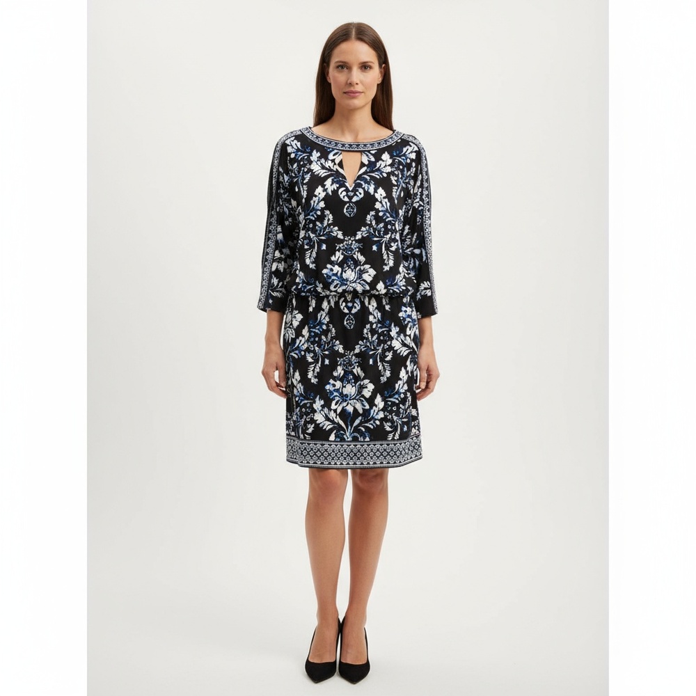 3/$15 White‎ House Black Market XS Black Blue White Floral Keyhole Neck Dress